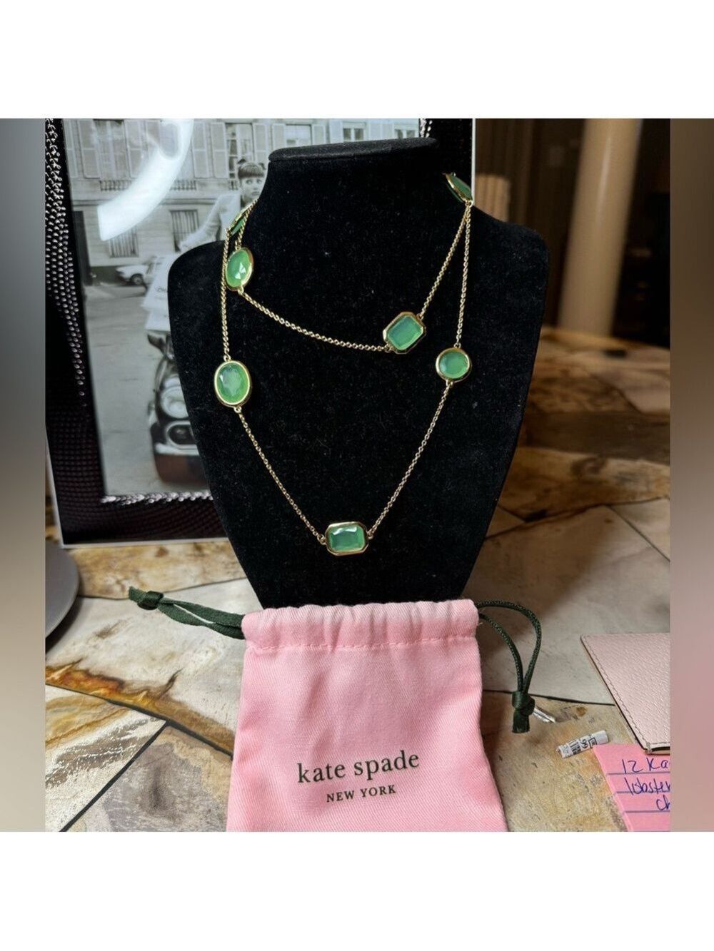 Kate Spade  Vegas Jewels, Long Scatter Necklace EUC Beautiful Light Green Stone